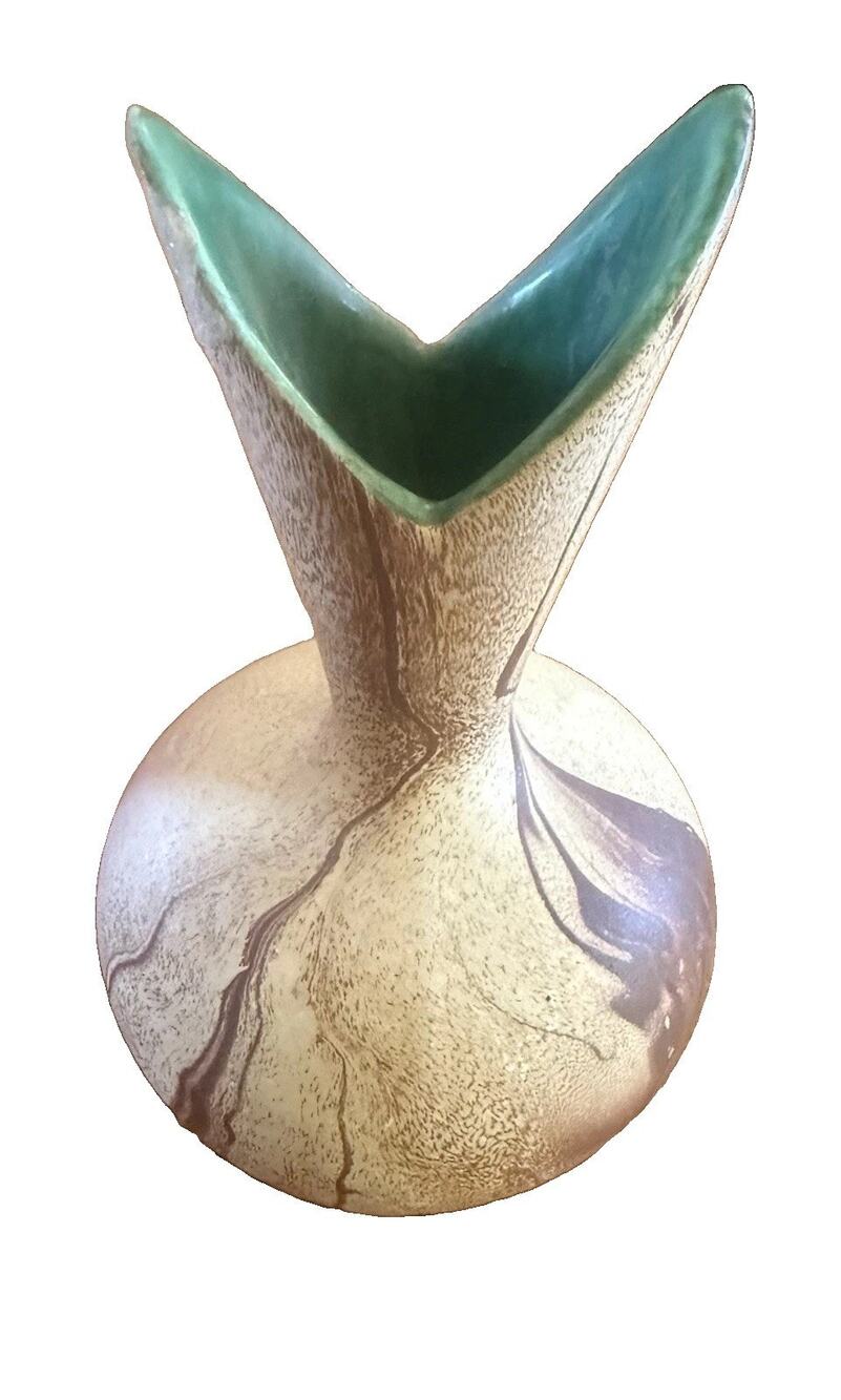 Vtg Romco Rocky Mtn Art Pottery Vase Brown Swirl Faux Wood Grain Green Interior
